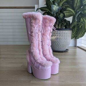 Knee High Pink Faux Fur Platform Boots